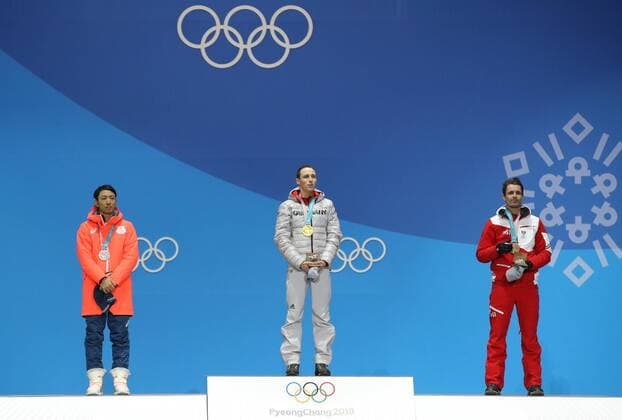 OLYMPICS - 2018 Winter Olympics PYEONGCHANG,SOUTH KOREA,15.FEB.18 - OLYMPICS,NORDIC SKIING, NORDIC COMBINED - Olympic Winter games Winterspiele Spiele Summer games PyeongChang 2018, Medals Plaza, award ceremony. Image shows Akito Watabe (JPN), Eric Frenzel (GER) and Lukas Klapfer (AUT). GEPAxpictures xAndreasxPranter