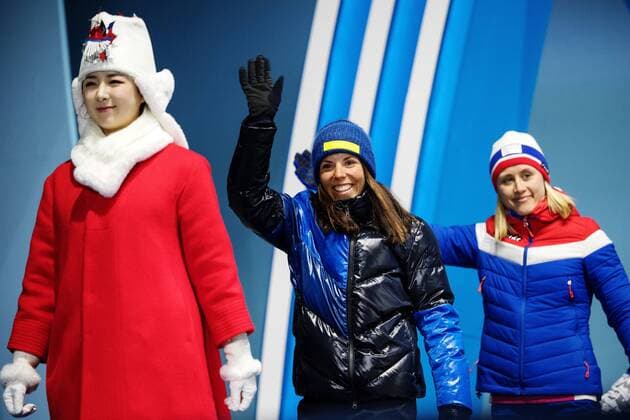 180215 Charlotte Kalla of Sweden silver and Ragnhild Haga of Norway gold enters at a Medal Ceremony for women s cross country 10 km free during day six of the 2018 Winter Olympics on February 15 2018 in Pyeongchang Photo Joel Marklund BILDBYRAN code JM 87625  Copyright: JOELxMARKLUND BB180215JM113