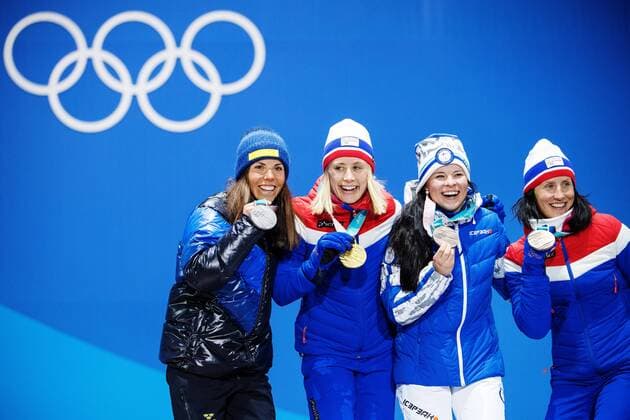 180215 Charlotte Kalla of Sweden silver Ragnhild Haga of Norway gold and Marit Bjorgen of Norway and Krista Parmakoski of Finland the bronze at a Medal Ceremony for women s cross country 10 km free during day six of the 2018 Winter Olympics on February 15 2018 in Pyeongchang Photo Joel Marklund BILDBYRAN code JM 87625  Copyright: JOELxMARKLUND BB180215JM119