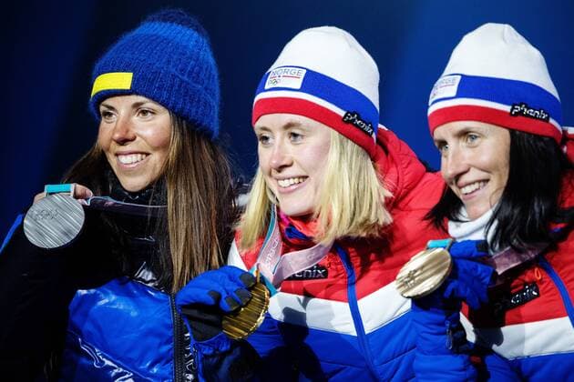 180215 Charlotte Kalla of Sweden silver Ragnhild Haga of Norway gold and Marit Bjorgen of Norway the bronze at a Medal Ceremony for women s cross country 10 km free during day six of the 2018 Winter Olympics on February 15 2018 in Pyeongchang Photo Joel Marklund BILDBYRAN code JM 87625  Copyright: JOELxMARKLUND BB180215JM121