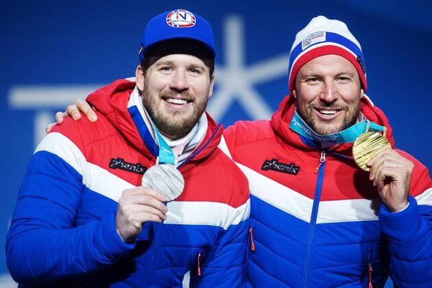 Kjetil Jansrud of Norway 180215 silver and Aksel Lund Svindal of Norway gold celebrate at a Medal Ceremony for Alpine Skiing Downhill during day six of the 2018 Winter Olympics on February 15 2018 in Pyeongchang Photo Joel Marklund BILDBYRAN code JM 87625  Copyright: JOELxMARKLUND BB180215JM125