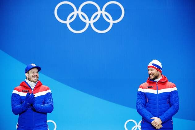 Kjetil Jansrud of Norway 180215 silver and Aksel Lund Svindal of Norway gold celebrate at a Medal Ceremony for Alpine Skiing Downhill during day six of the 2018 Winter Olympics on February 15 2018 in Pyeongchang Photo Joel Marklund BILDBYRAN code JM 87625  Copyright: JOELxMARKLUND BB180215JM128