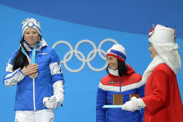 February 15, 2018 - Pyeongchang, South Korea - KRISTA PARMAKOSKI of Finland celebrates receiving the bronze medal for the Ladies 10km Free cross-country event In the PyeongChang Olympic Games Olympische Spiele Olympia OS PyeongChang 18: Cross Country Skiing Women zFinland - ZUMAl132 20180215_zap_l132_008 Copyright: xChristopherxLevyx