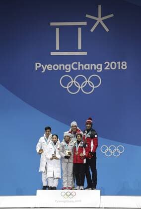 (180215) -- PYEONGCHANG, Feb. 15, 2018 -- Gold medalists Aljona Savchenko (3rd L) and Bruno Massot (3rd R) of Germany, silver medalists Sui Wenjing (2nd L) and Han Cong (1st L) from China, bronze medalists Meagan Duhamel (2nd R) and Eric Radford of Canada pose for photos during medal ceremony of pair skating of Figure skating Eiskunstlauf at PyeongChang 2018 Winter Olympic Games Olympische Spiele Olympia OS at Medal Plaza, PyeongChang, South Korea, Feb. 15, 2018. ) (SP)OLY-SOUTH KOREA-PYEONGCHANG-FIGURE SKATING-PAIR SKATING-MEDAL CEREMONY WuxZhuang 