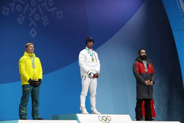 OLYMPICS - 2018 Winter Olympics PYEONGCHANG,SOUTH KOREA,15.FEB.18 - OLYMPICS, SNOWBOARDING - Olympic Winter games Winterspiele Spiele Summer games PyeongChang 2018, Medals Plaza, snowboard cross, men, award ceremony. Image shows Jarryd Hughes (AUS), Pierre Vaultier (FRA) and Regino Hernandez (ESP). Keywords: medal. GEPAxpictures xAndreasxPranter