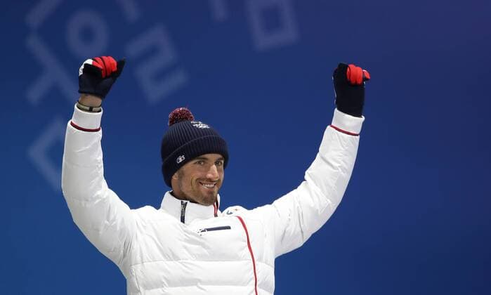 OLYMPICS - 2018 Winter Olympics PYEONGCHANG,SOUTH KOREA,15.FEB.18 - OLYMPICS, SNOWBOARDING - Olympic Winter games Winterspiele Spiele Summer games PyeongChang 2018, Medals Plaza, snowboard cross, men, award ceremony. Image shows Pierre Vaultier (FRA) . GEPAxpictures xAndreasxPranter