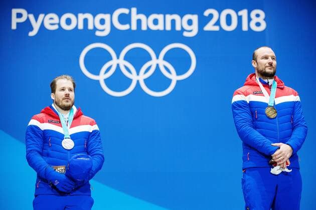 Kjetil Jansrud of Norway 180215 silver and Aksel Lund Svindal of Norway gold celebrate at a Medal Ceremony for Alpine Skiing Downhill during day six of the 2018 Winter Olympics on February 15 2018 in Pyeongchang Photo Joel Marklund BILDBYRAN code JM 87625  Copyright: JOELxMARKLUND BB180215JM149