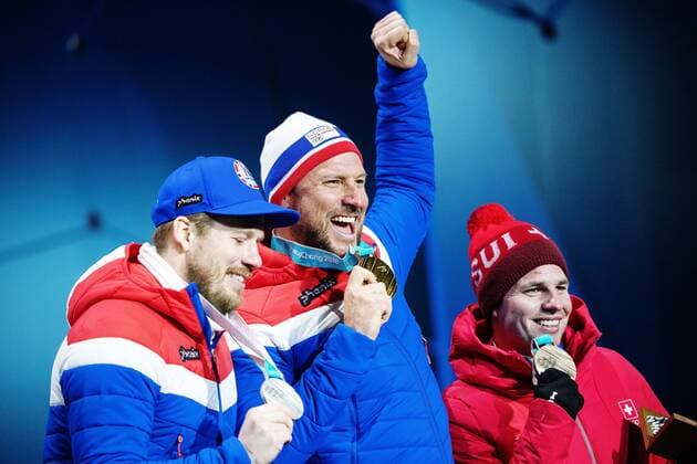 Kjetil Jansrud of Norway 180215 silver Aksel Lund Svindal of Norway gold and Beat Feuz of Switzerland the bronze celebrate at a Medal Ceremony for Alpine Skiing Downhill during day six of the 2018 Winter Olympics on February 15 2018 in Pyeongchang Photo Joel Marklund BILDBYRAN code JM 87625  Copyright: JOELxMARKLUND BB180215JM150