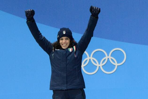 PyeongChang 2018, Ski Alpin, Riesenslalom der Damen, Siegerehrung February 15, 2018 - Pyeongchang, South Korea - FREDERICA BRIGNONE of Italy celebrates getting the bronze medal for the Ladies Giant Slalom event in the PyeongChang Olympic Games Olympische Spiele Olympia OS PyeongChang 18: Alpine Skiing Women - ZUMAl132 20180215_zap_l132_050 Copyright: xChristopherxLevyx