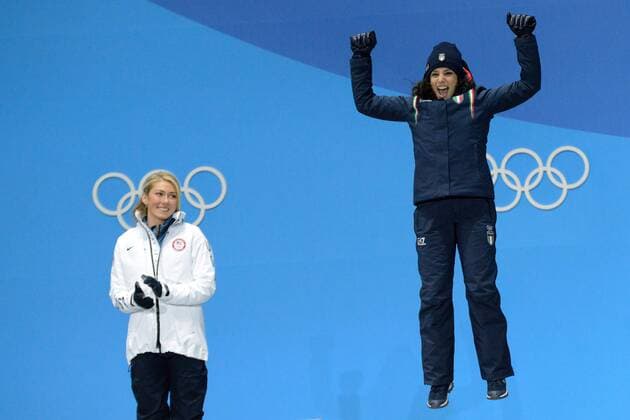 PyeongChang 2018, Ski Alpin, Riesenslalom der Damen, Siegerehrung February 15, 2018 - Pyeongchang, South Korea - FREDERICA BRIGNONE of Italy celebrates getting the bronze medal for the Ladies Giant Slalom event in the PyeongChang Olympic Games Olympische Spiele Olympia OS PyeongChang 18: Alpine Skiing Women - ZUMAl132 20180215_zap_l132_053 Copyright: xChristopherxLevyx