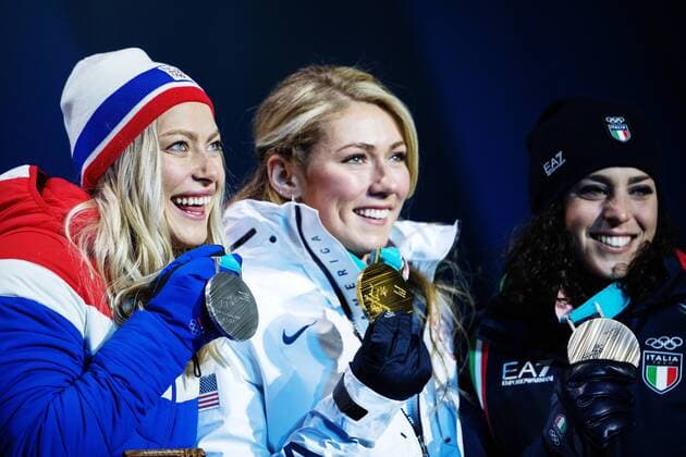 180215 Ragnhild Mowinckel of Norway silver Mikaela Shiffrin of United States gold and Federica Brignone of Italy bronze celebrate at a Medal Ceremony for Women s Giant Slalom during day six of the 2018 Winter Olympics on February 15 2018 in Pyeongchang Photo Joel Marklund BILDBYRAN code JM 87625  Copyright: JOELxMARKLUND BB180215JM161