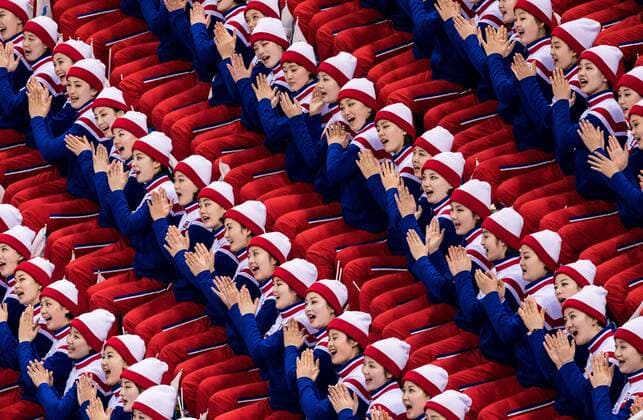 PyeongChang 2018 - Highlights der Olympischen Spiele PyeongChang 2018, Nordkoreanische Cheerleader-Gruppe beim Eishockeyspiel Korea - Tschechien 180215 North Korean cheerleaders during day six of the 2018 Winter Olympics on February 15, 2018 in Pyeongchang. Photo: Petter Arvidson BILDBYRAN kod PA 91974 *** 180215 North Korean cheerleaders during day six of the 2018 Winter Olympics on February 15 2018 in Pyeongchang Photo Petter Arvidson BILDBYRAN code PA 91974  Copyright: PETTERxARVIDSON BB180215PA163