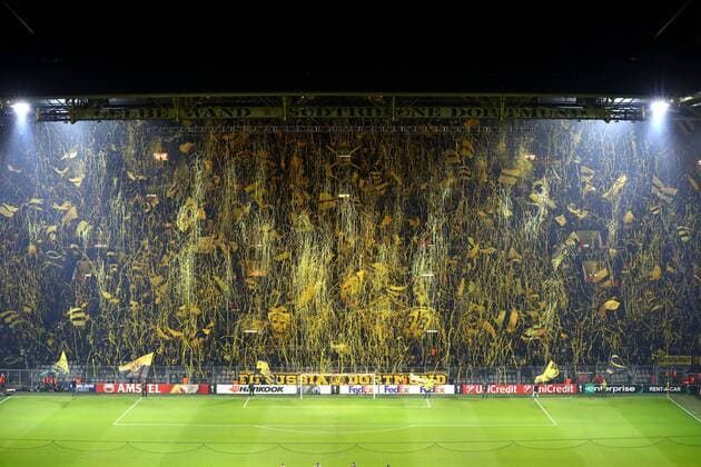 Thursday 15 02 2018 season 2017 2018 euro League first leg in the Dortmund Signal Iduna Park BVB 09 Borussia Dortmund Atalanta Bergamo cast rolls and confetti choreography on the Dortmund South stand
