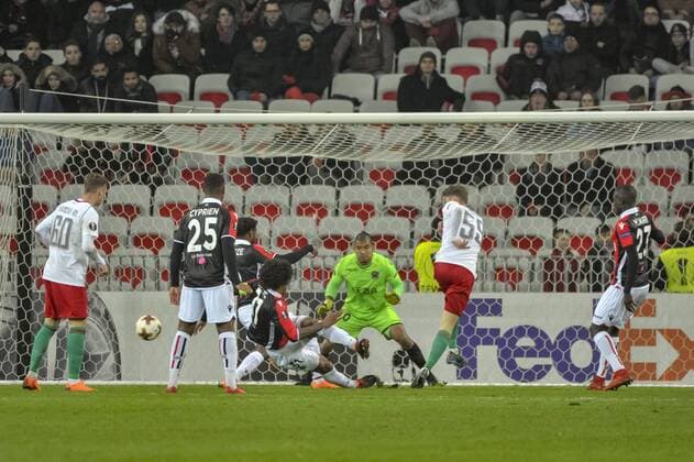 Walter Benitez (OGC Nice) - Dante (OGC Nice) - Aleksei Miranchuk (Lokomotiv Moscou) FOOTBALL : OGC Nice vs Lokomotiv Moscou - Ligue Europa - 15 02 2018 NorbertScanella Panoramic 