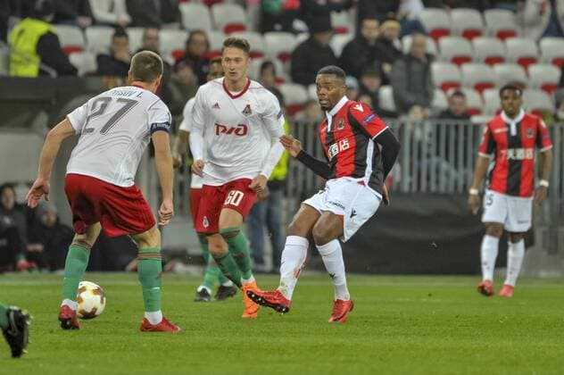 Wylan Cyprien (OGC Nice) - Anton Miranchuk (Lokomotiv Moscou) FOOTBALL : OGC Nice vs Lokomotiv Moscou - Ligue Europa - 15 02 2018 NorbertScanella Panoramic 