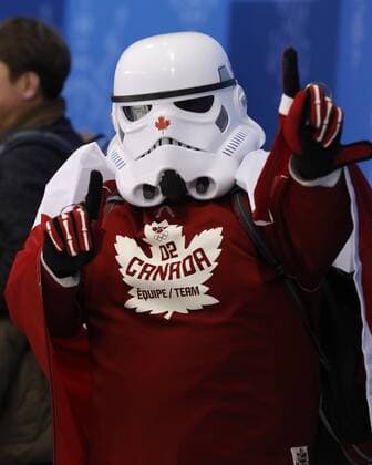 February 15, 2018 - Pyeongchang, KOREA - Star Wars storm trooper dressed as a against Canada fan at game versus Switzerland in Men s Hockey Group A play during the Pyeongchang 2018 Olympic Winter games Winterspiele Spiele Summer games at Kwandong Hockey Centre. Canada beat Switzerland 5-1. Olympics Pyeongchang 2018: Ice hockey Eishockey Men team group Mannschaftsbild Totale A - SUI-CAN - ZUMAm117 20180215_zaf_m117_305 Copyright: xDavidxG.xMcintyrex