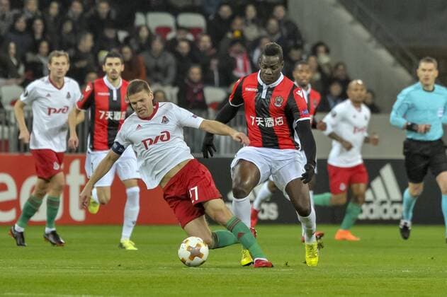 Mario Balotelli (OGC Nice) - Igor Denisov (FC Lokomotiv Moscou) FOOTBALL : OGC Nice vs Lokomotiv Moscou - Ligue Europa - 15 02 2018 NorbertScanella Panoramic 