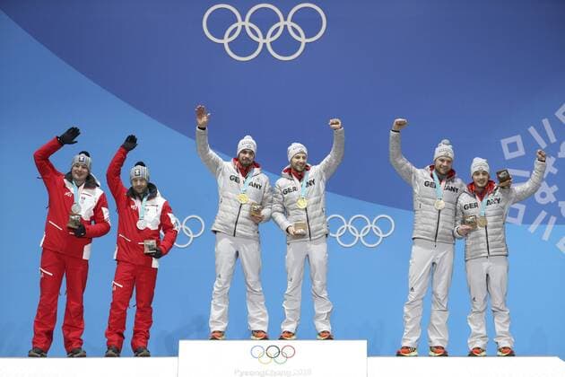 (180216) -- PYEONGCHANG, Feb. 16, 2018 -- Champion Tobias Wendl (3rd L) and Tobias Arlt (3rd R) from Germany, second-placed Peter Penz (1st L) and Georg Fischler (2nd L) from Austria and third-Placed Toni Eggert (2nd R) and Sascha Benecken from Germany pose for photos during medal ceremony of men s doubles event of luge at 2018 PyeongChang Winter Olympic Games Olympische Spiele Olympia OS at Medal Plaza, PyeongChang, South Korea, Feb. 16, 2018. Bai Xufei) (SP)OLY-SOUTH KOREA-PYEONGCHANG-LUGE-MEN S DOUBLES-MEDAL CEREMONY BaixXuefei 