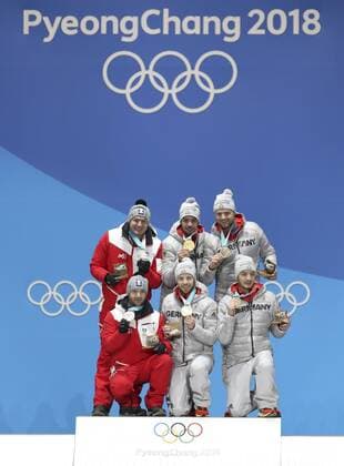 (180216) -- PYEONGCHANG, Feb. 16, 2018 -- Champion Tobias Wendl (top C) and Tobias Arlt (bottom C) from Germany, second-placed Peter Penz (top L) and Georg Fischler (bottom L) from Austria and third-Placed Toni Eggert (top R) and Sascha Benecken from Germany pose for pictures during medal ceremony of men s doubles event of luge at 2018 PyeongChang Winter Olympic Games Olympische Spiele Olympia OS at Medal Plaza, PyeongChang, South Korea, Feb. 16, 2018. Bai Xufei) (SP)OLY-SOUTH KOREA-PYEONGCHANG-LUGE-MEN S DOUBLES-MEDAL CEREMONY BaixXuefei 