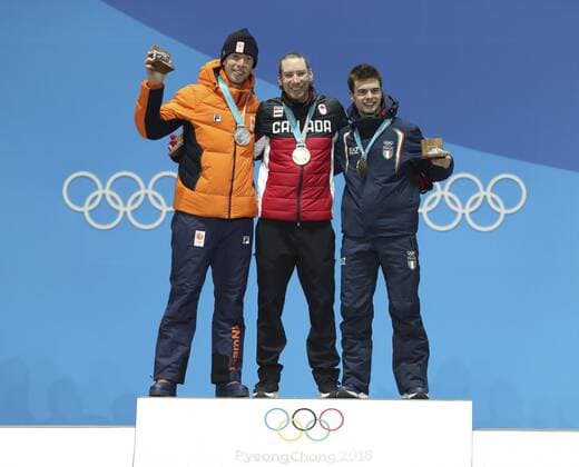 (180216) -- PYEONGCHANG, Feb. 16, 2018 -- Champion Ted-Jan Bloemen of Canada (C), second-placed Jorrit Bergsma (L) of the Netherlands and third-placed Nicola Tumolero of Italy pose for photos during medal ceremony of men s 10000m event of Speed skating Eisschnelllauf at 2018 PyeongChang Winter Olympic Games Olympische Spiele Olympia OS at Medal Plaza, PyeongChang, South Korea, Feb. 16, 2018. ) (SP)OLY-SOUTH KOREA-PYEONGCHANG-SPEED SKATING-MEN S 10000M-MEDAL CEREMONY BaixXuefei 