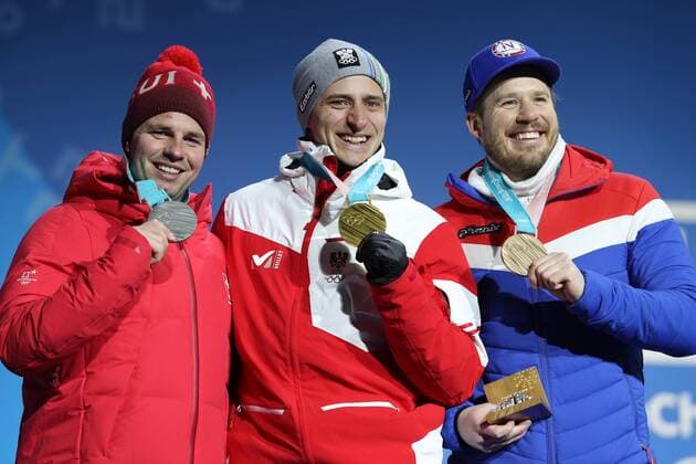 OLYMPICS - 2018 Winter Olympics PYEONGCHANG,SOUTH KOREA,16.FEB.18 - OLYMPICS, ALPINE SKIING - Olympic Winter games Winterspiele Spiele Summer games PyeongChang 2018, Medals Plaza, Super G, men, award ceremony. Image shows Beat Feuz (SUI), Matthias Mayer (AUT) and Kjetil Jansrud (NOR). GEPAxpictures xMathiasxMandl