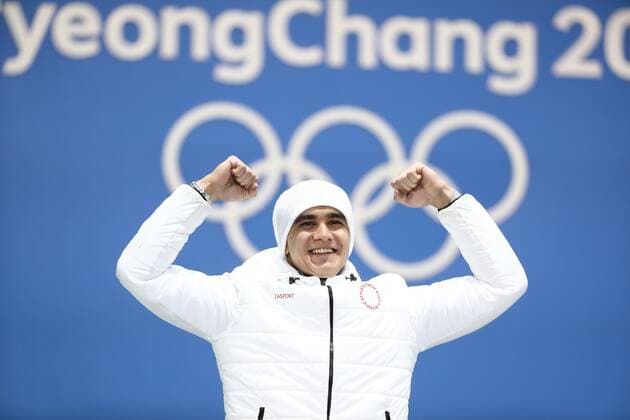 PYEONGCHANG, SOUTH KOREA - FEBRUARY 16, 2018: Silver medalist, Olympic Athlete from Russia Nikita Tregubov celebrates during a victory ceremony for the men s skeleton event at the 2018 Winter Olympic Games Olympische Spiele Olympia OS at Medal Plaza. Valery Sharifulin TASS  TS074321