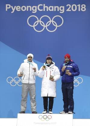 (180216) -- PYEONGCHANG, Feb. 16, 2018 -- Gold medalist South Korea s Yun Sungbin (C), silver medalist Olympic athelete from Russia Nikita Tregubov (L) and bronze medalist Dom Parsons of Britain pose for photos during medal ceremony of the men s skeleton at 2018 PyeongChang Winter Olympic Games Olympische Spiele Olympia OS at Medal Plaza, PyeongChang, South Korea, Feb. 16, 2018. ) (SP)OLY-SOUTH KOREA-PYEONGCHANG-MEN S SKELETON-MEDAL CEREMONY BaixXuefei 