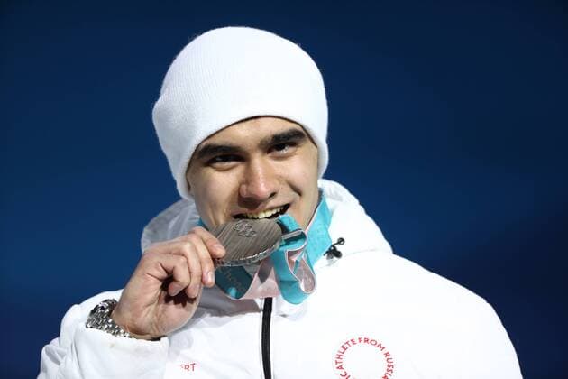 PYEONGCHANG, SOUTH KOREA - FEBRUARY 16, 2018: Silver medalist, Olympic Athlete from Russia Nikita Tregubov celebrates during a victory ceremony for the men s skeleton event at the 2018 Winter Olympic Games Olympische Spiele Olympia OS at Medal Plaza. Valery Sharifulin TASS  TS07432F