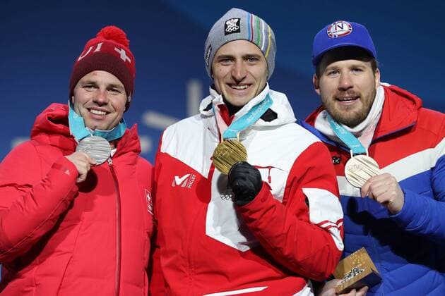 OLYMPICS - 2018 Winter Olympics PYEONGCHANG,SOUTH KOREA,16.FEB.18 - OLYMPICS, ALPINE SKIING - Olympic Winter games Winterspiele Spiele Summer games PyeongChang 2018, Medals Plaza, Super G, men, award ceremony. Image shows Beat Feuz (SUI), Matthias Mayer (AUT) and Kjetil Jansrud (NOR). GEPAxpictures xMathiasxMandl