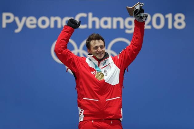 OLYMPICS - 2018 Winter Olympics PYEONGCHANG,SOUTH KOREA,16.FEB.18 - OLYMPICS, ALPINE SKIING - Olympic Winter games Winterspiele Spiele Summer games PyeongChang 2018, Medals Plaza, Super G, men, award ceremony. Image shows the rejoicing of Matthias Mayer (AUT). GEPAxpictures xMathiasxMandl