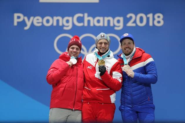 OLYMPICS - 2018 Winter Olympics PYEONGCHANG,SOUTH KOREA,16.FEB.18 - OLYMPICS, ALPINE SKIING - Olympic Winter games Winterspiele Spiele Summer games PyeongChang 2018, Medals Plaza, Super G, men, award ceremony. Image shows Beat Feuz (SUI), Matthias Mayer (AUT) and Kjetil Jansrud (NOR). GEPAxpictures xMathiasxMandl