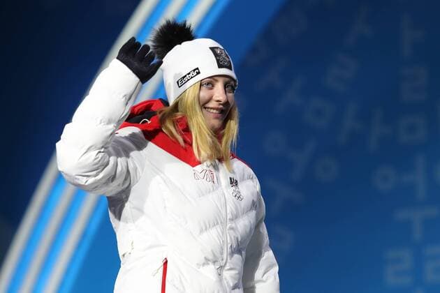 OLYMPICS - 2018 Winter Olympics PYEONGCHANG,SOUTH KOREA,16.FEB.18 - OLYMPICS, ALPINE SKIING - Olympic Winter games Winterspiele Spiele Summer games PyeongChang 2018, Medals Plaza, slalom, ladies, award ceremony. Image shows Katharina Gallhuber (AUT). GEPAxpictures xMathiasxMandl