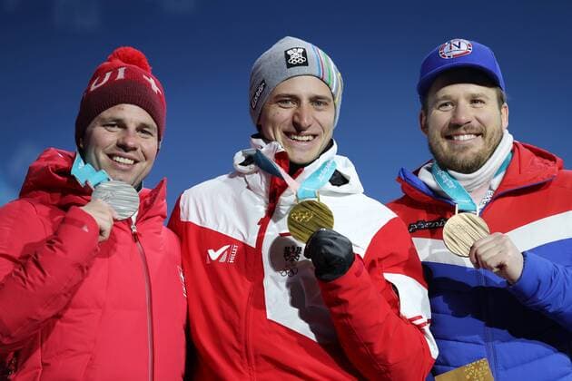 OLYMPICS - 2018 Winter Olympics PYEONGCHANG,SOUTH KOREA,16.FEB.18 - OLYMPICS, ALPINE SKIING - Olympic Winter games Winterspiele Spiele Summer games PyeongChang 2018, Medals Plaza, Super G, men, award ceremony. Image shows Beat Feuz (SUI), Matthias Mayer (AUT) and Kjetil Jansrud (NOR). GEPAxpictures xMathiasxMandl