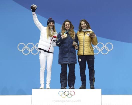 (180216) -- PYEONGCHANG, Feb. 16, 2018 -- Gold medalist Michela Moioli of Italy (C), silver medalist Julia Pereira De Sousa Mabileau of France (L) and bronze medalist Eva Samkova of the Czech Republic pose for photos during medal ceremony of ladies snowboard cross at the 2018 PyeongChang Winter Olympic Games Olympische Spiele Olympia OS at Medal Plaza, South Korea, on Feb. 16, 2018. ) (SP)OLY-SOUTH KOREA-PYEONGCHANG-SNOW BOARD-LADIES CROSS FINAL-MEDAL CEREMONY BaixXuefei 