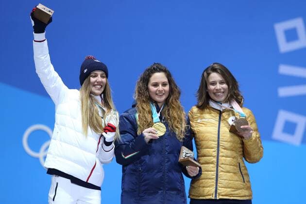 OLYMPICS - 2018 Winter Olympics PYEONGCHANG,SOUTH KOREA,16.FEB.18 - OLYMPICS, SNOWBOARDING - Olympic Winter games Winterspiele Spiele Summer games PyeongChang 2018, Medals Plaza, snowboard cross, women, award ceremony. Image shows Julia Pereira de Sousa Mabileau (FRA), Michela Moioli (ITA) and Eva Samkova (CZE). GEPAxpictures xMathiasxMandl