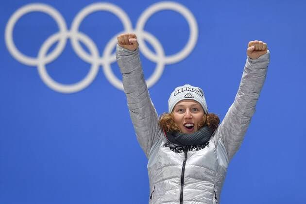 Laura DAHLMEIER GER Jubilee joy enthusiasm biathlon 15 km individual of women victory ceremony PyeongChang Olympic medals Plaza ceremony on 16 02 2018 Winter Olympics 2018 from 09 02 25 02 2018 in PyeongChang of South Korea