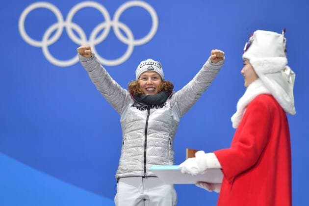 Laura DAHLMEIER GER Jubilee joy enthusiasm biathlon 15 km individual of women victory ceremony PyeongChang Olympic medals Plaza ceremony on 16 02 2018 Winter Olympics 2018 from 09 02 25 02 2018 in PyeongChang of South Korea