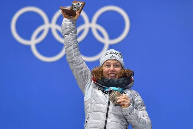 Laura DAHLMEIER GER with bronze medal joy joy enthusiasm biathlon 15 km individual of women victory ceremony PyeongChang Olympic medals Plaza ceremony on 16 02 2018 Winter Olympics 2018 from 09 02 25 02 2018 in PyeongChang of South Korea