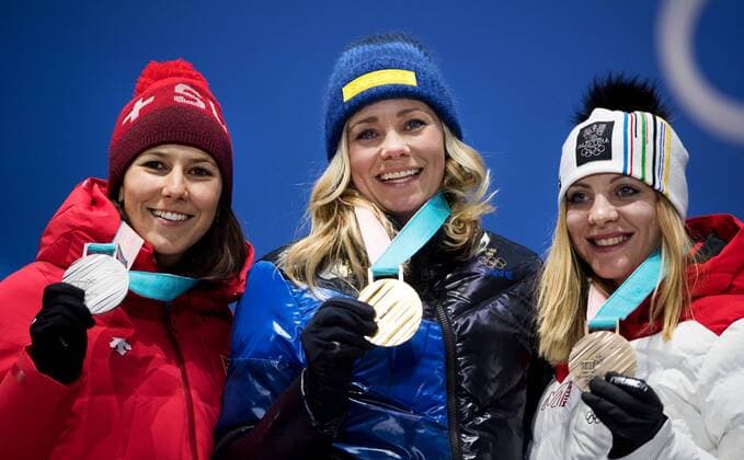 180216 Wendy Holdener of Switzerland silver Frida hansdotter of Sweden gold Katharina Gallhuber of Austria bronze celebrate at a Medal Ceremony for the women s alpine slalom during day seven of the 2018 Winter Olympics on February 16 2018 in Pyeongchang Photo Jon Olav Nesvold BILDBYRAN code JE 160172  Copyright: JONxOLAVxNESVOLD BB180216JE087