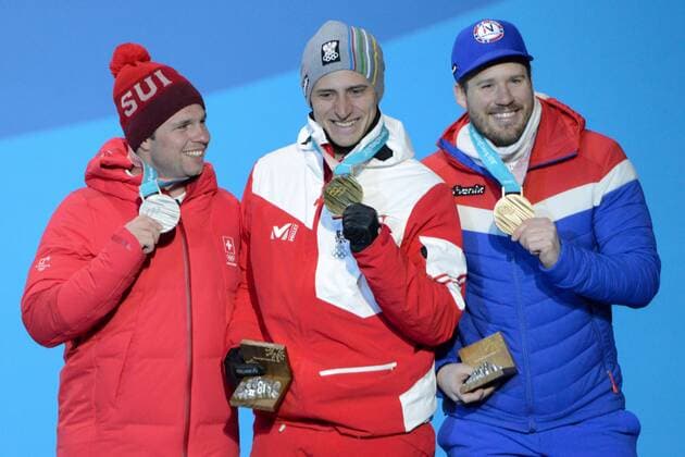 February 16, 2018 - Pyeongchang, South Korea - BEAT FEUZ of Switzerland (left) , MATTHIAS MAYER of Austria (center) and KJETIL JANSRUD of Norway with their medals from the men s Super-G event in the PyeongChang Olympic Games Olympische Spiele Olympia OS Pyeongchang 18: Medal Winners - ZUMAl132 20180216_zap_l132_023 Copyright: xChristopherxLevyx