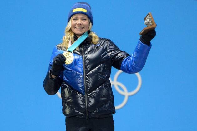 February 16, 2018 - Pyeongchang, South Korea - FRIDA HANSDOTTER of Sweden celebrates getting the gold medal in the Ladies Slalom event in the PyeongChang Olympic Games Olympische Spiele Olympia OS Pyeongchang 18: Medal Winners - ZUMAl132 20180216_zap_l132_042 Copyright: xChristopherxLevyx