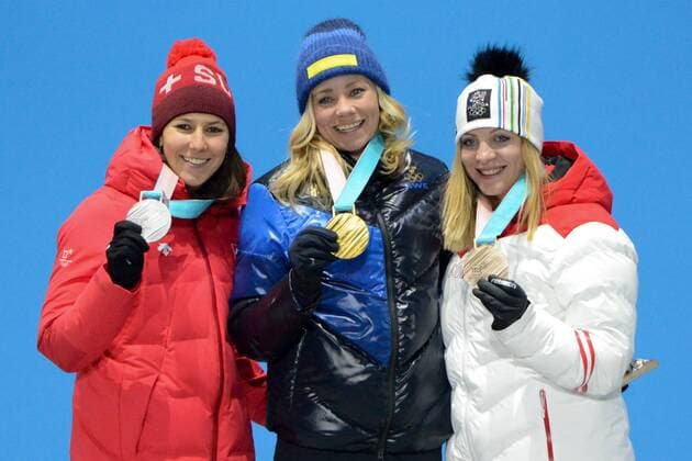 February 16, 2018 - Pyeongchang, South Korea - WENDY HOLDENER of Switzerland (left) , FRIDA HANSDOTTER of Sweden (center) and KATHARINA GALLHUBER of Austria with their medals from the Ladies Slalom event in the PyeongChang Olympic Games Olympische Spiele Olympia OS Pyeongchang 18: Medal Winners - ZUMAl132 20180216_zap_l132_050 Copyright: xChristopherxLevyx