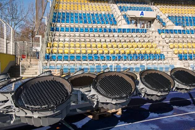 Construction of the new flood light poles in the Ernst Abbe sports field home stadium of FC Carl Zeiss Jena on 16 February 2018 lighting elements of the new flood light masts Ernst Abbe spor field