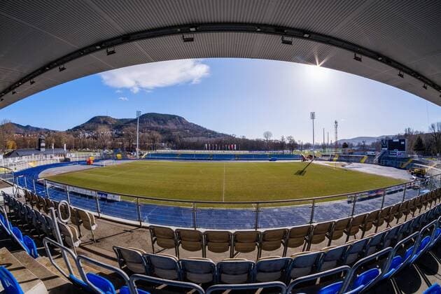 Construction of the new flood light poles in the Ernst Abbe sports field home stadium of FC Carl Zeiss Jena on 16 February 2018 views from the main stand towards the backstretch with 2 new flood light masts Ernst Abbe spor field