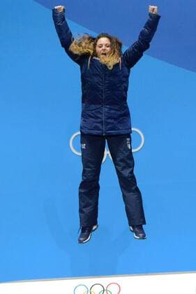 February 16, 2018 - Pyeongchang, South Korea - MICHELA MOIOLI of Italy celebrates getting the gold medal in the Ladies Snowboard Cross event in the PyeongChang Olympic Games Olympische Spiele Olympia OS Pyeongchang 18: Medal Winners - ZUMAl132 20180216_zap_l132_076 Copyright: xChristopherxLevyx