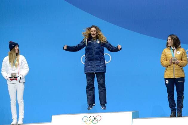 February 16, 2018 - Pyeongchang, South Korea - MICHELA MOIOLI of Italy celebrates getting the gold medal in the Ladies Snowboard Cross event in the PyeongChang Olympic Games Olympische Spiele Olympia OS Pyeongchang 18: Medal Winners - ZUMAl132 20180216_zap_l132_077 Copyright: xChristopherxLevyx