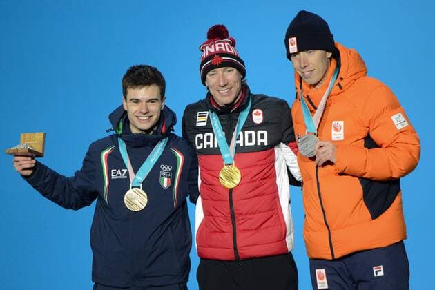 February 16, 2018 - Pyeongchang, South Korea - JORRIT BERGSMA of the Netherlands (right) , TED-JAN BLOEMEN of Canada (center) and NICOLA TUMOLERO of Italy with their medals from the men s 10000m Speed skating Eisschnelllauf event in the PyeongChang Olympic Games Olympische Spiele Olympia OS Pyeongchang 18: Medal Winners - ZUMAl132 20180216_zap_l132_134 Copyright: xChristopherxLevyx