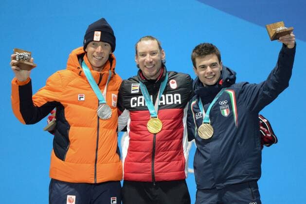 February 16, 2018 - Pyeongchang, South Korea - JORRIT BERGSMA of the Netherlands (left) , TED-JAN BLOEMEN of Canada (center) and NICOLA TUMOLERO of Italy with their medals from the men s 10000m Speed skating Eisschnelllauf event in the PyeongChang Olympic Games Olympische Spiele Olympia OS Pyeongchang 18: Medal Winners - ZUMAl132 20180216_zap_l132_135 Copyright: xChristopherxLevyx