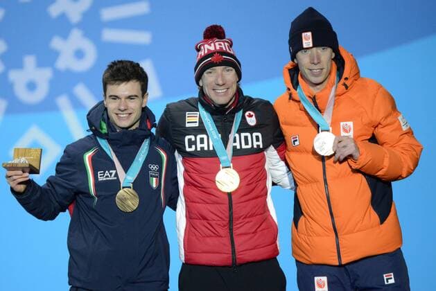 February 16, 2018 - Pyeongchang, South Korea - JORRIT BERGSMA of the Netherlands (right) , TED-JAN BLOEMEN of Canada (center) and NICOLA TUMOLERO of Italy with their medals from the men s 10000m Speed skating Eisschnelllauf event in the PyeongChang Olympic Games Olympische Spiele Olympia OS Pyeongchang 18: Medal Winners - ZUMAl132 20180216_zap_l132_136 Copyright: xChristopherxLevyx