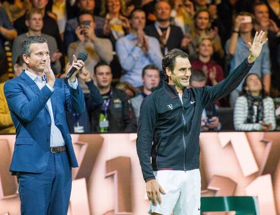 ROTTERDAM: 16-02-2018, ABN Amro WTT Dag 4, Rotterdam, Tennis, Ahoy, Roger Federer N1 van de wereld met toernooidirecteur Richard Krajicek ABN Amro WTT Rotterdam Dag 5  x1984077x